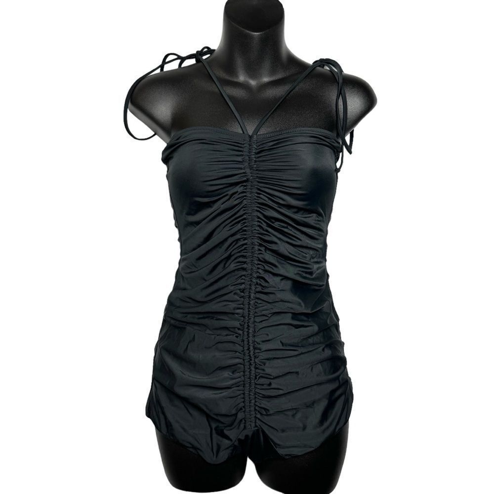 HAH Free People Black Ruched Retro Halter One Piece Swimsuit Size M New Vacation